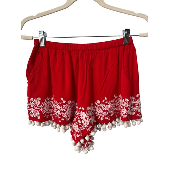 Show Me Your Mumu Laney Pom Pom Shorts Women S Firecracker With White Embroidery - Picture 2 of 8